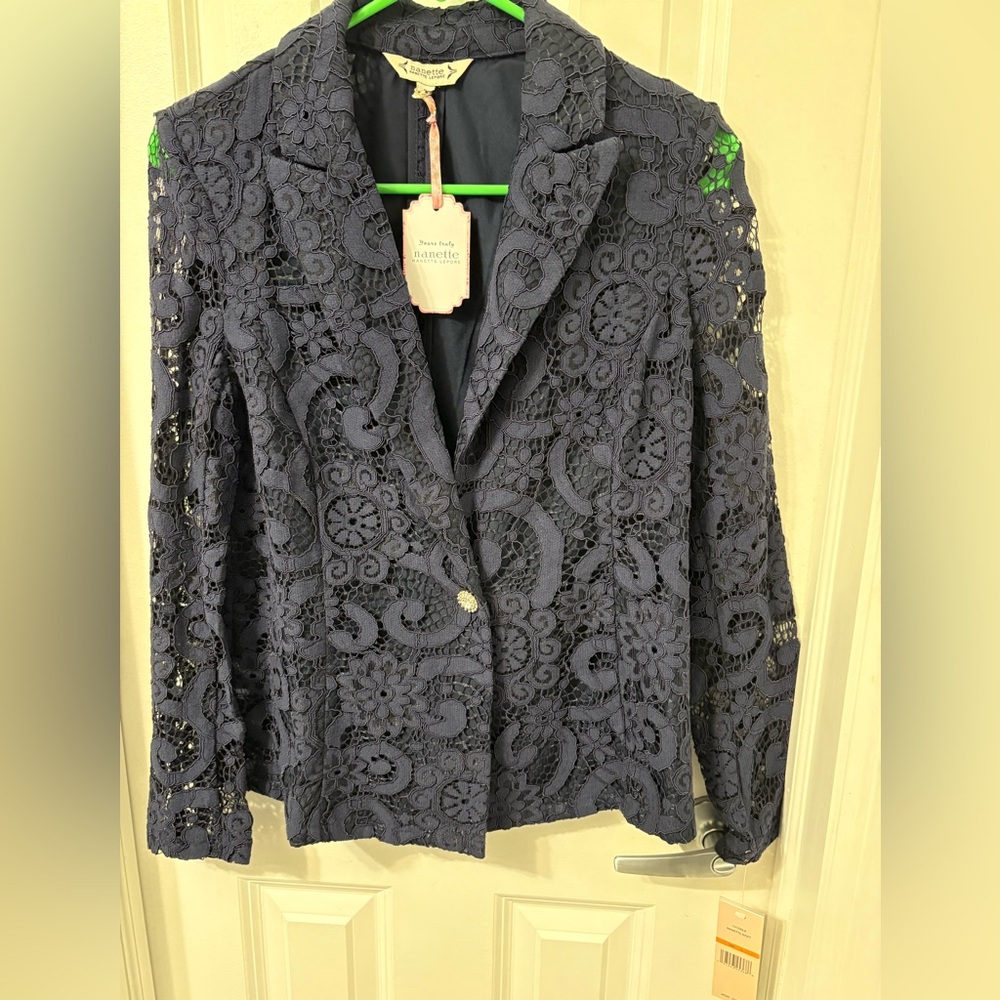 Nanette Lepore Lace Blazer sheer sleeves jeweled button NWT